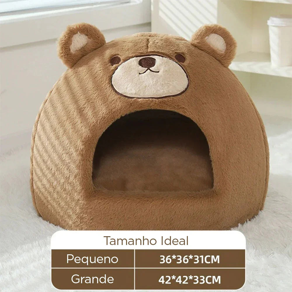 Casinha de pet em formato de urso marrom, macia e aconchegante, ideal para cães e gatos pequenos e grandes