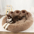 Cachorro husky descansando em cama macia e aconchegante para pets, ideal para conforto e sono.