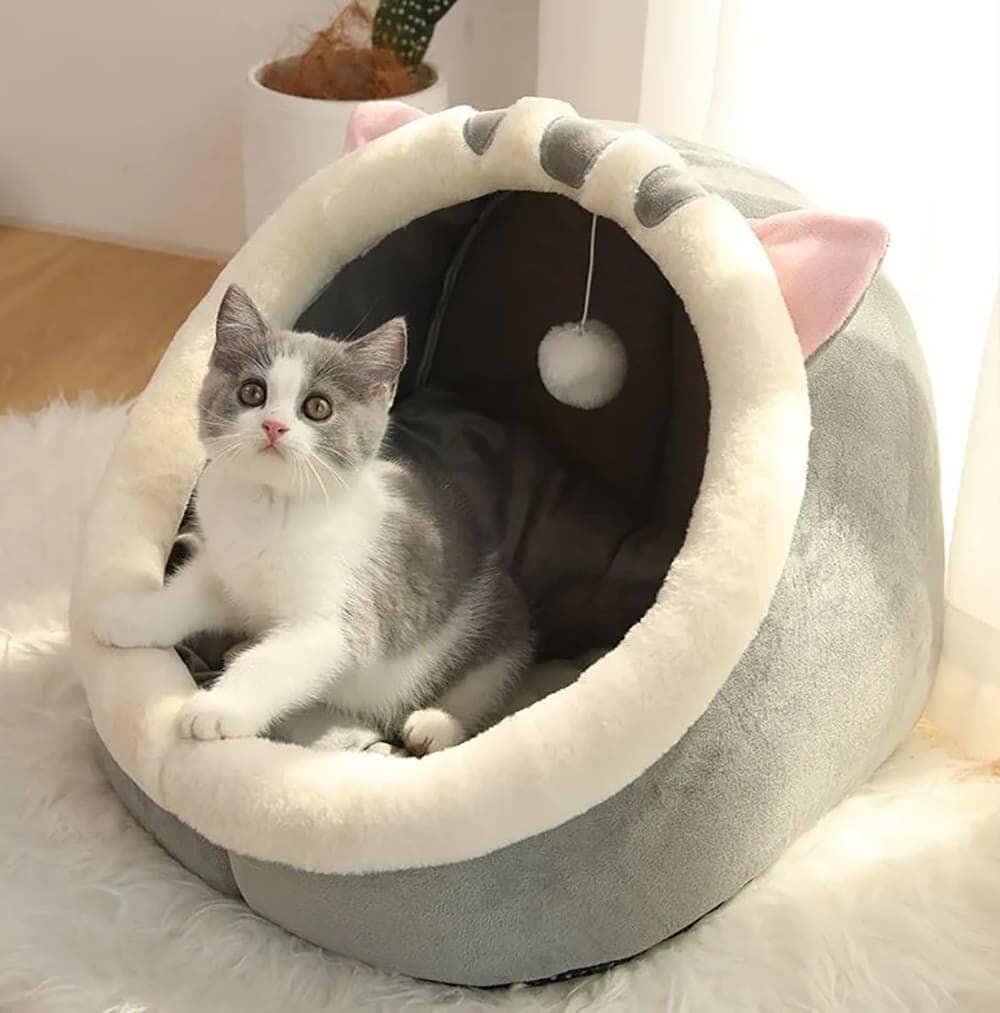 Gatinho cinza e branco em casinha de gato com orelhas e pompon, acessório confortável para pets