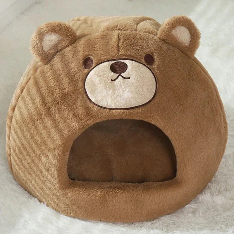 Casinha de pelúcia em formato de urso marrom para gatos e cachorros, aconchegante e macia